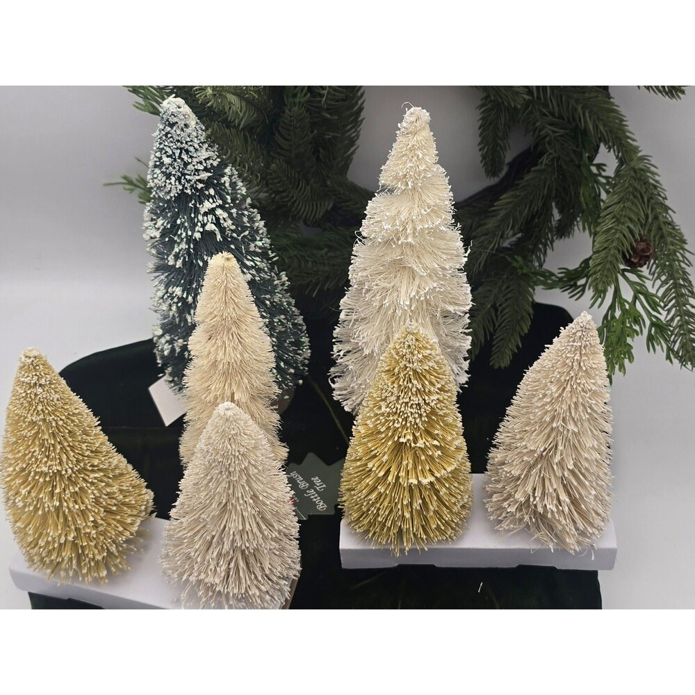 Set of 7 Cream Ivory Green Bottle Brush Christmas Trees Village NEW